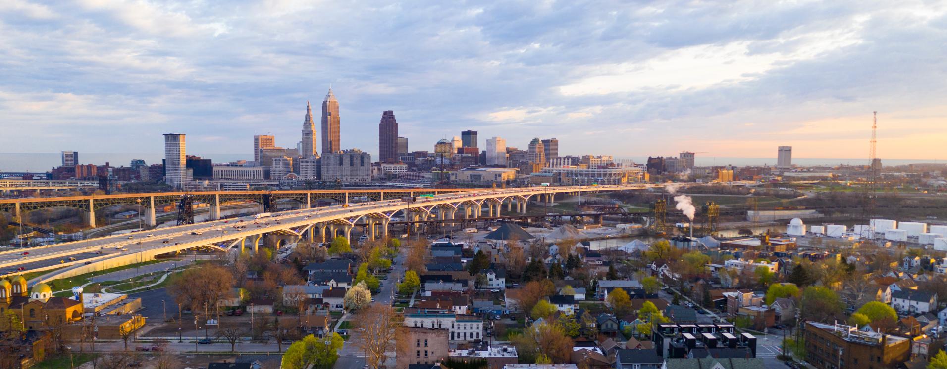 Highway Through Cleveland Ohio with the City Skyline