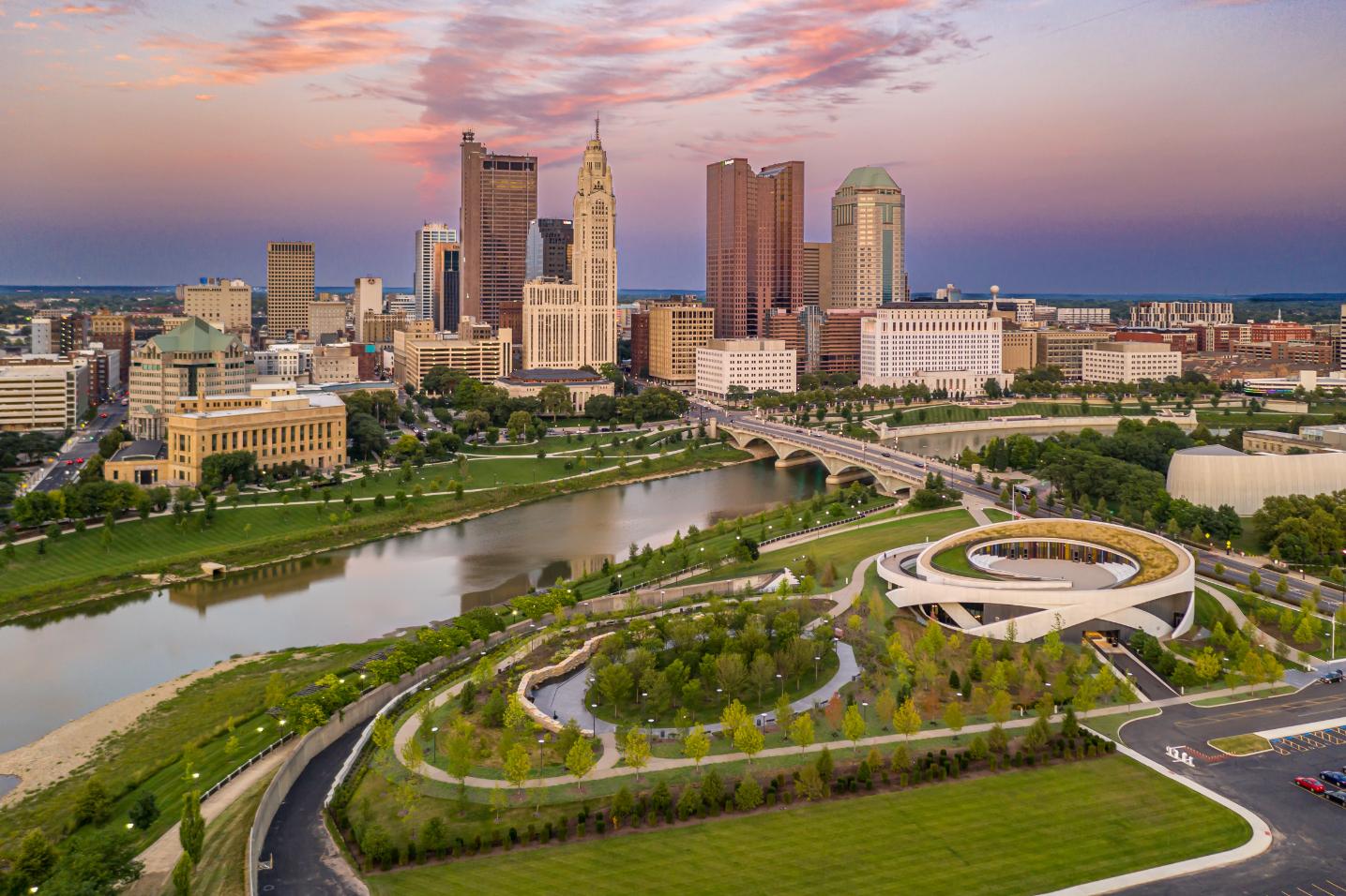 Sunset over Columbus Ohio city skyline and Scioto River